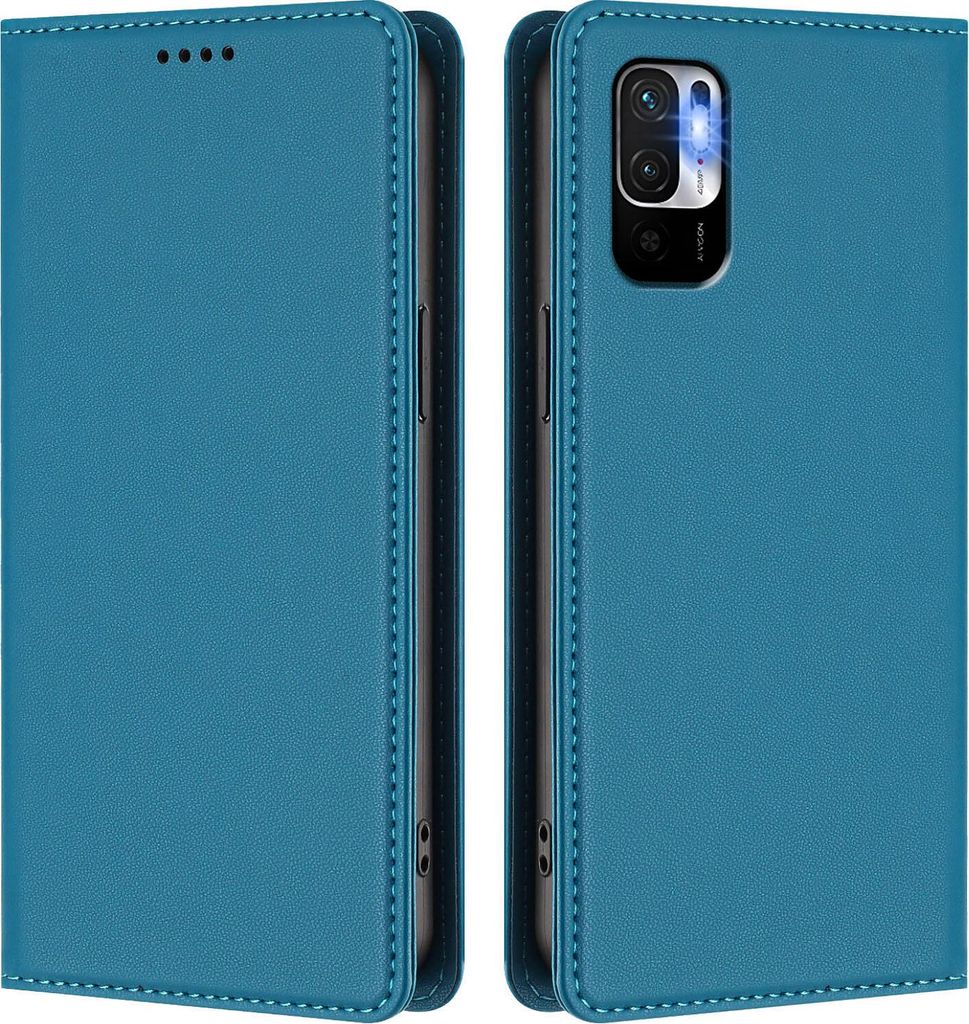 Handyhülle für Xiaomi Poco M3 Pro/ Redmi Note 10 5G, Kunstleder Klapphülle Stoßfeste Magnetische Hülle mit Ständer Blau