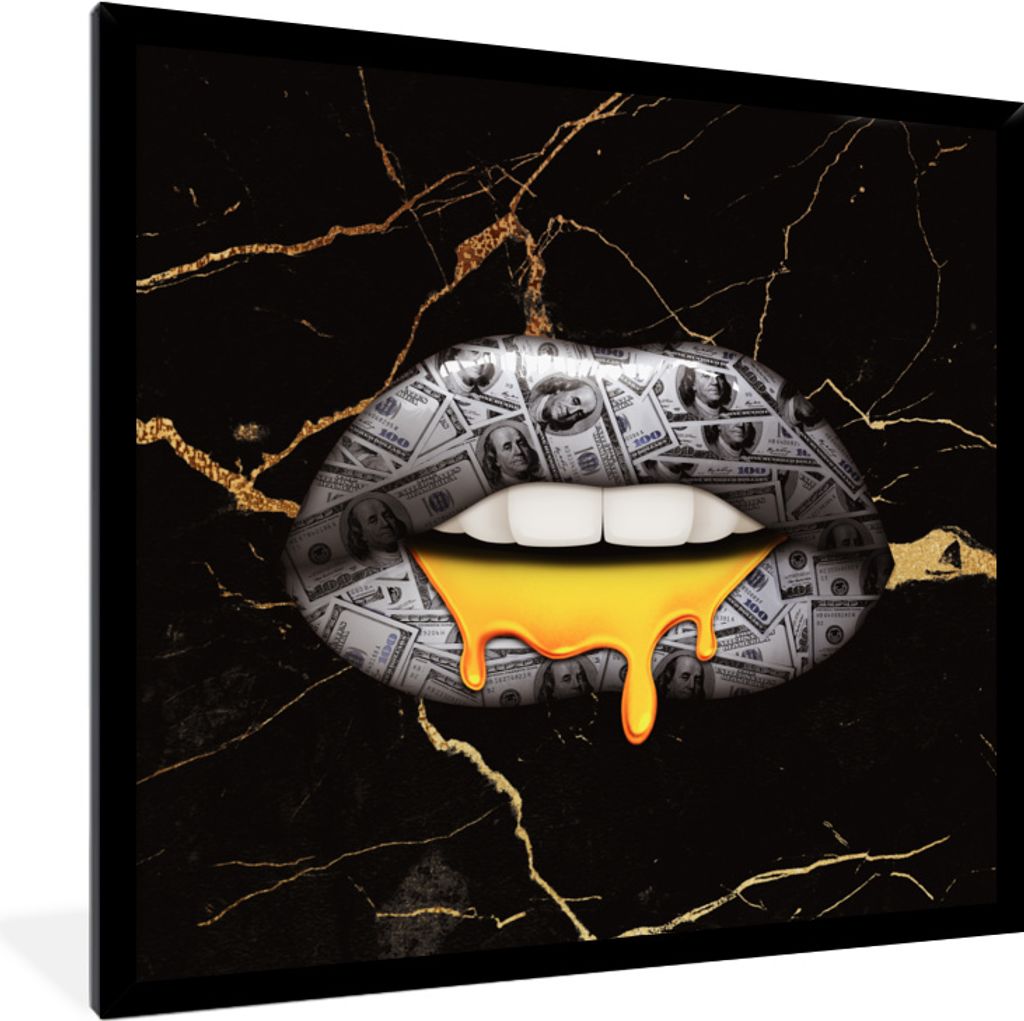 MuchoWow MuchoWow Gerahmtes Poster Lippen - Geld - Abstrakt 40x40 cm - Poster mit zchwarzem Bilderrahmen - Mit Rahmen - Wanddekoration Schlafzi...