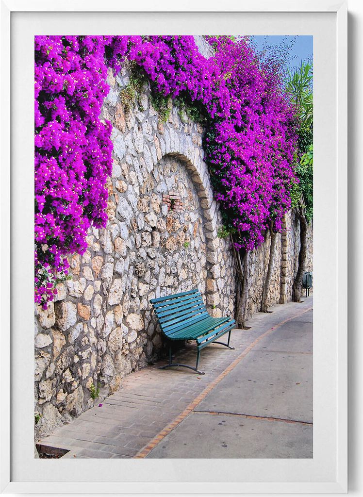 Straße mit Blumen auf Capri, Italien– Wandbild mit Rahmen – Gerahmtes Bild – Wanddekoration – 70x100 cm – Weiß Rahmen
