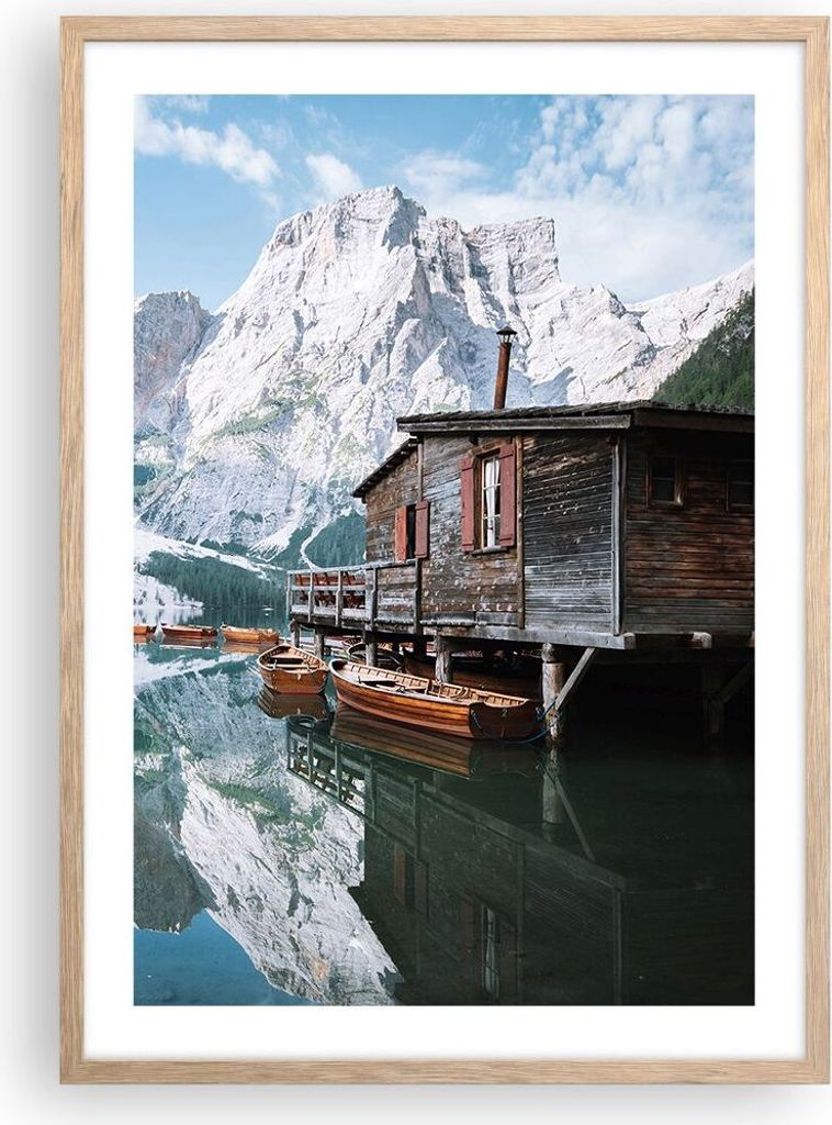 Gerahmtes Poster - Rahmen in heller Eiche - Cottage Oben Der See - 50x70 cm - Wand Bild - Wanddeko - Wandbilder - Kunstposter - Wandposter - Bilder...