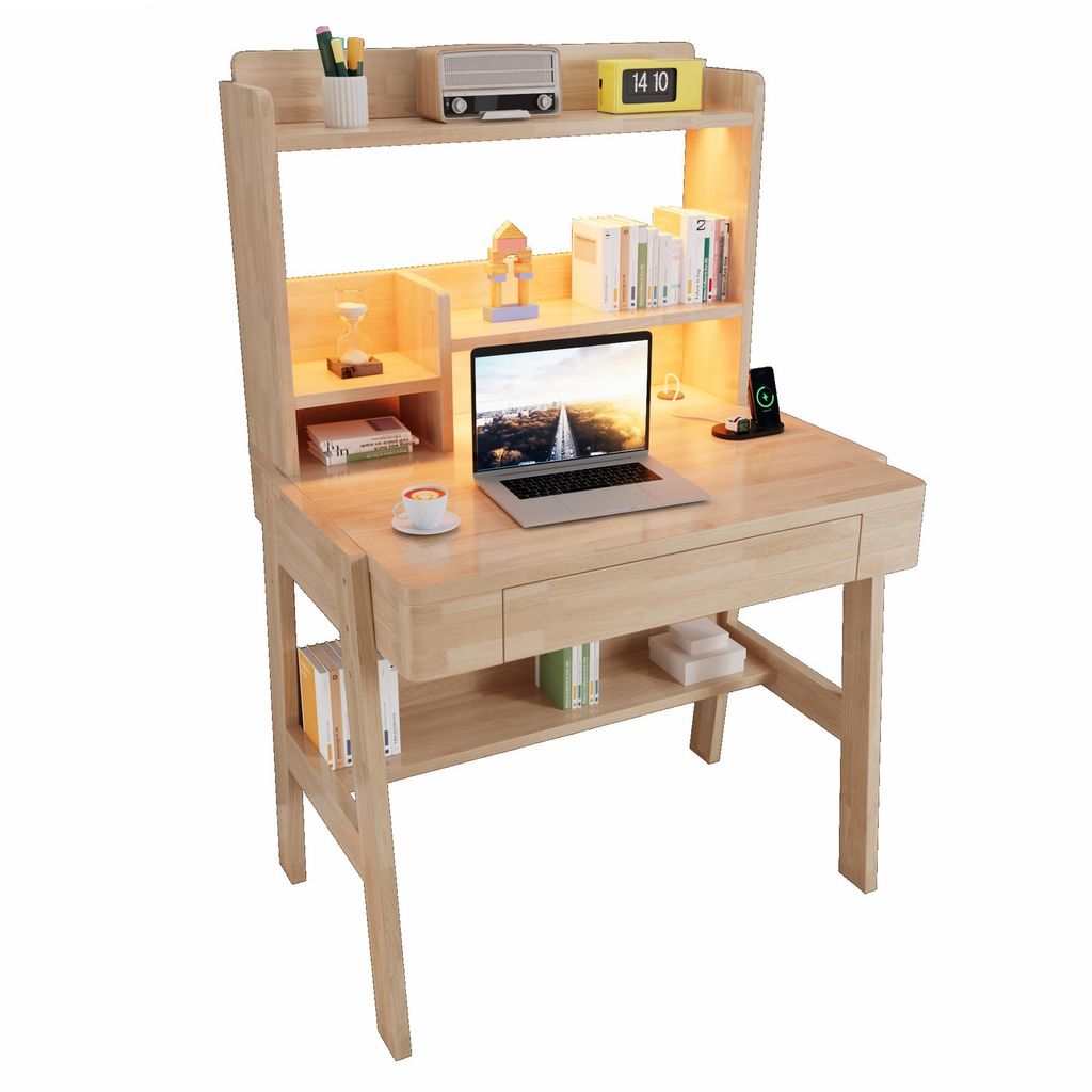 Höhenverstellbarer Kinderschreibtisch aus Massivholz,mit LED-Lichtleiste, USB-Anschluss, Schublade & Stauraum