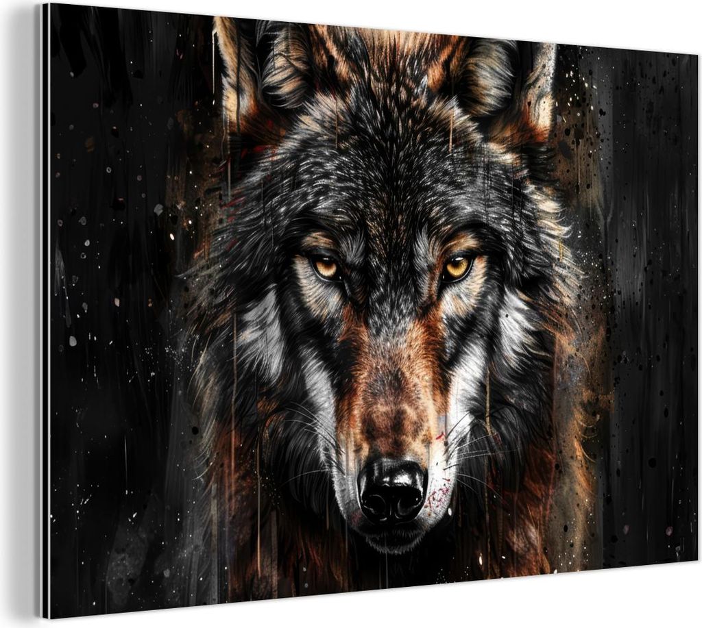 MuchoWow Wanddekoration Metall Metallbild Wandkunst 90x60 cm Tiere - Wolf - Porträt - Schwarz - Braun MuchoWow Aluminium Gemälde - Wandbilder