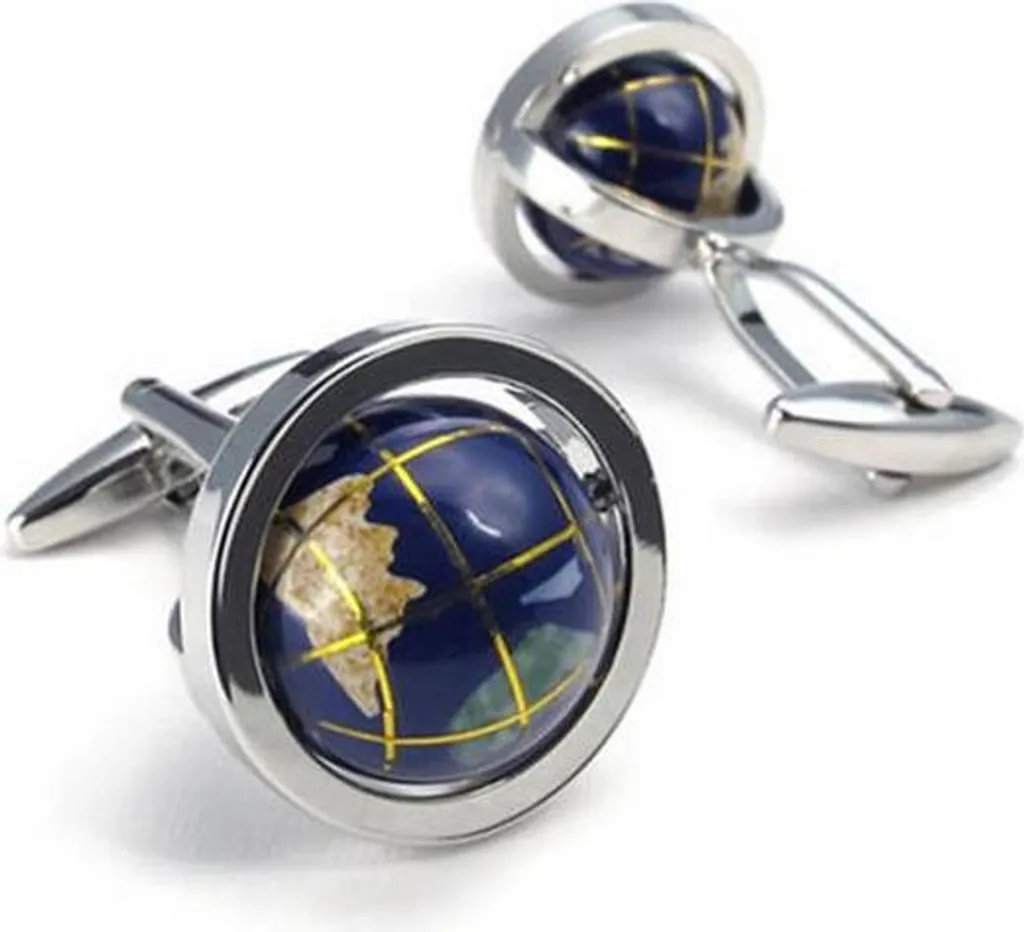 Boutons de manchette globe rotatif argentés avec gravure continentale