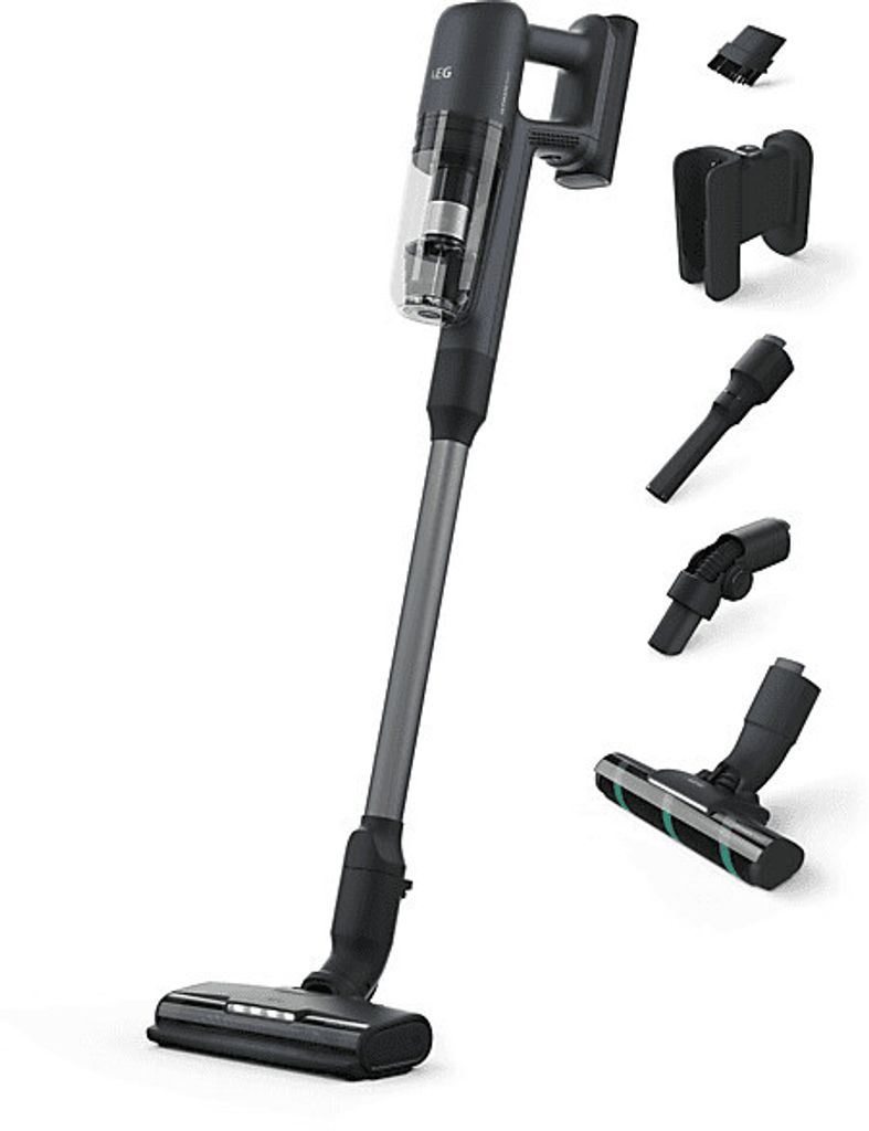 A cordless vacuum cleaner with various attachments displayed on a white background.
