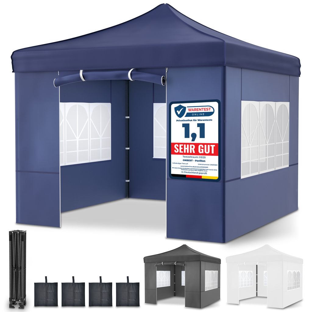 ONBEST Pavillon 3x3 | Wasserdicht | faltbar | Blau | mit Sandsäcke | Heringe | Seile | UV50+ | Premium