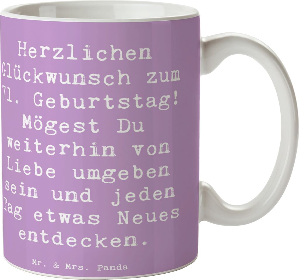 Mr. & Mrs. Panda Teebecher Spruch 71. Geburtstag Freude - Lavendeltraum - Geschenk, Tasse, Feier, Teetasse, Kaffeebecher, Dankbarkeit, besondere An...