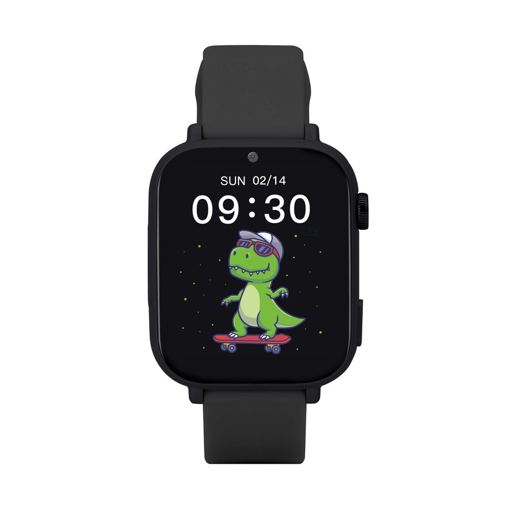 A smartwatch with a cartoon dinosaur on the screen.