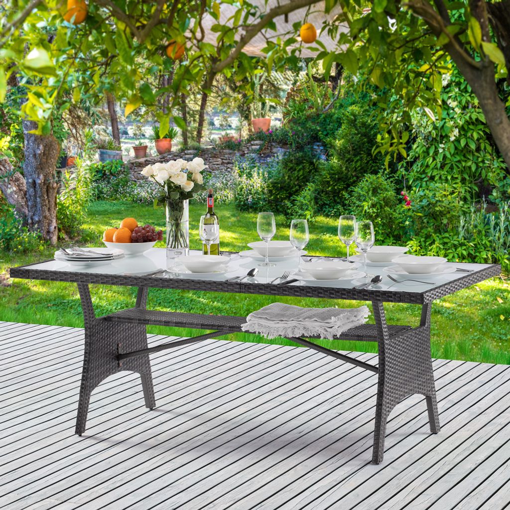 Polyrattan Gartentisch – 190x90x75 Cm, Grau, Mit Akazienholzplatte & Stahlgestell