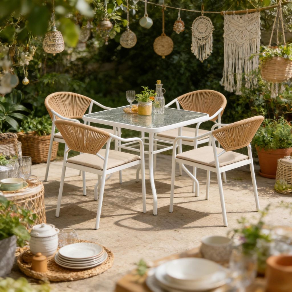 Happy Home Dining Set 5 tlg Rattan Möbel mit Sitzkissen in Beige pflegeleicht stabil mit Tisch und Stühlen für Terrasse Balkon Garten