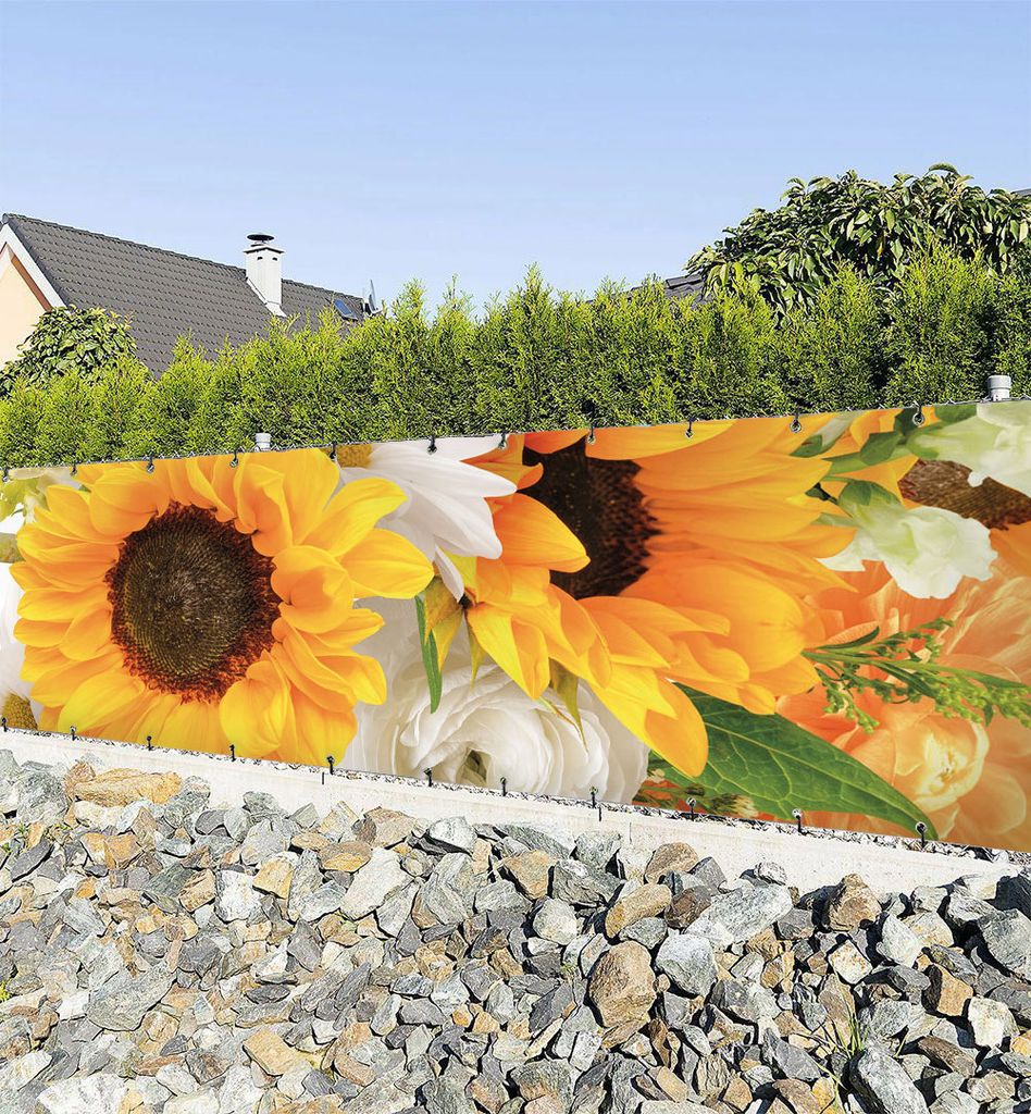 Zaunbanner Farbenfroher Blumenstrauß mit Sonnenblumen Sichtschutz Zaun