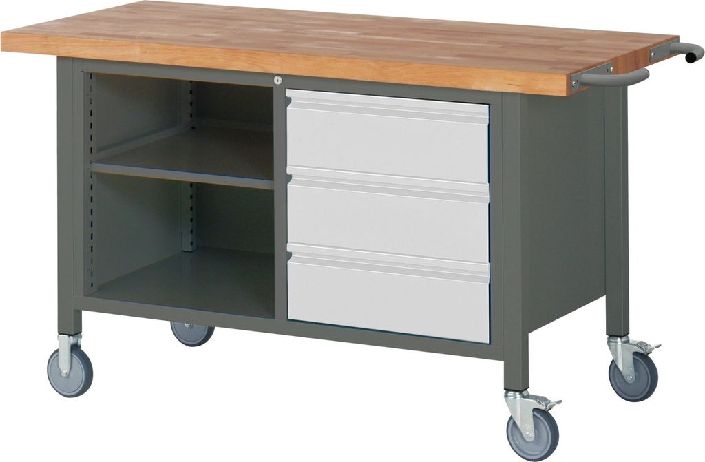 STIER Fahrbare Werkbank Premium mit 3 Schubladen und einem offenen Fach BxTxH 1500x700x880 mm