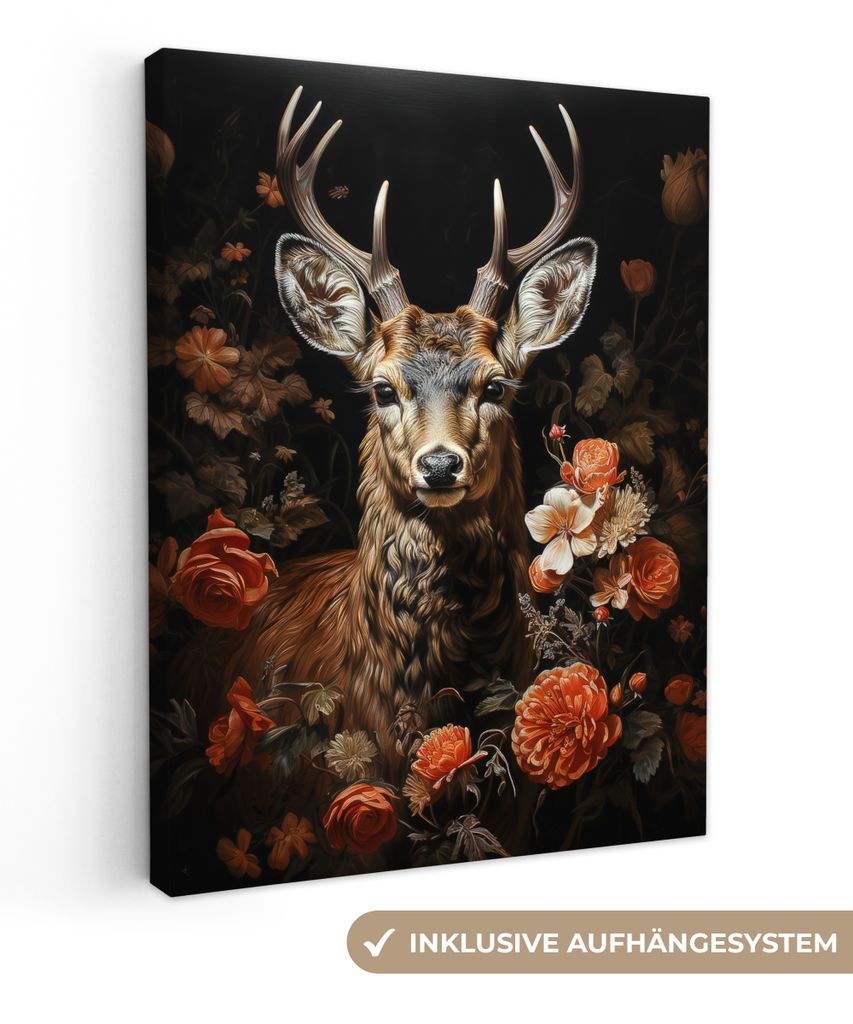 MuchoWow - Leinwandbilder - Hirsch - Tier - Blumen - Natur - Botanisch, Wandbild, Wanddeko Bilder Wohnzimmer, 90x120 cm
