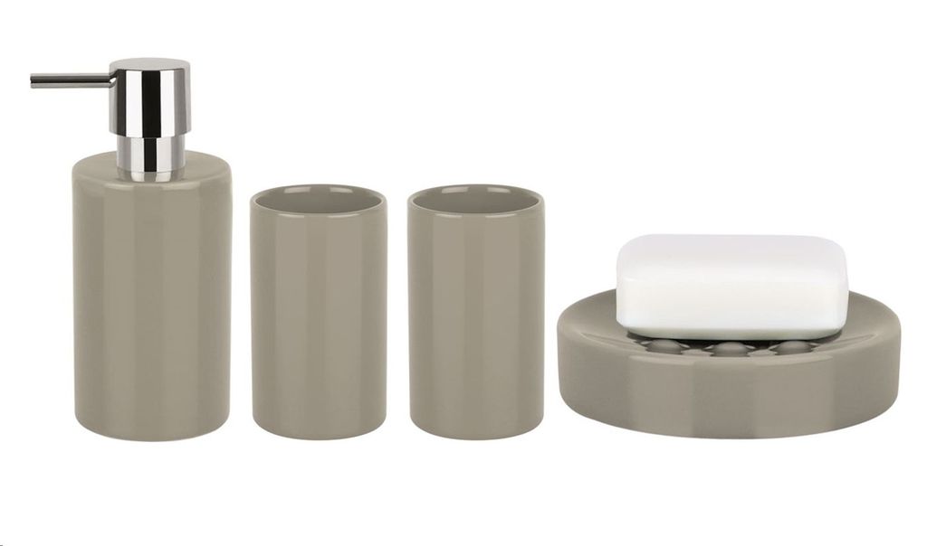 spirella Bad Accessoires Keramik 4-teilig - Seifenspender, Seifenschale, Zahnputzbecher Silber
