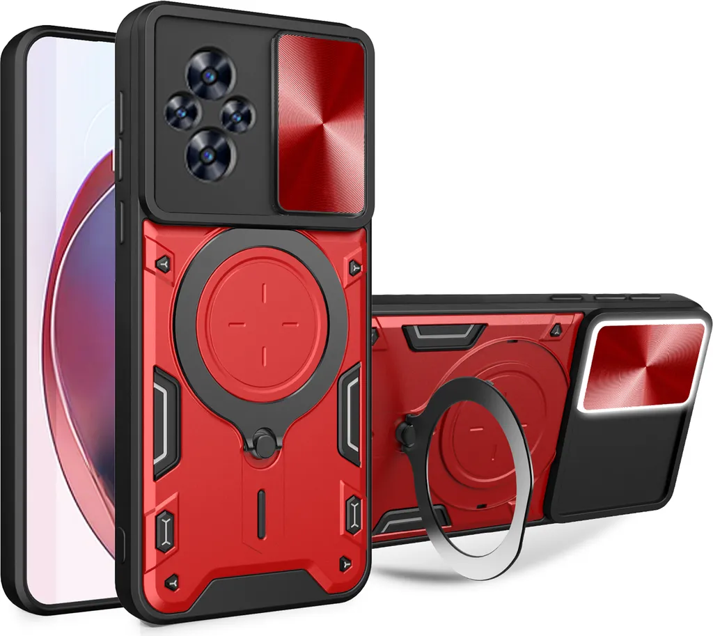 Custodia per Realme C67 4G Custodia resistente a doppio strato con copertura della fotocamera e supporto ad anello Rosso