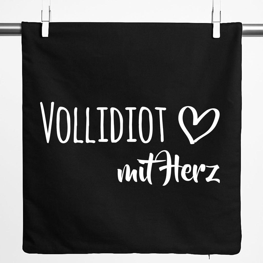 Huuraa Kissenbezug Vollidiot mit Herz 40x40cm Black Baumwolle Dekokissenbezug Geschenkidee