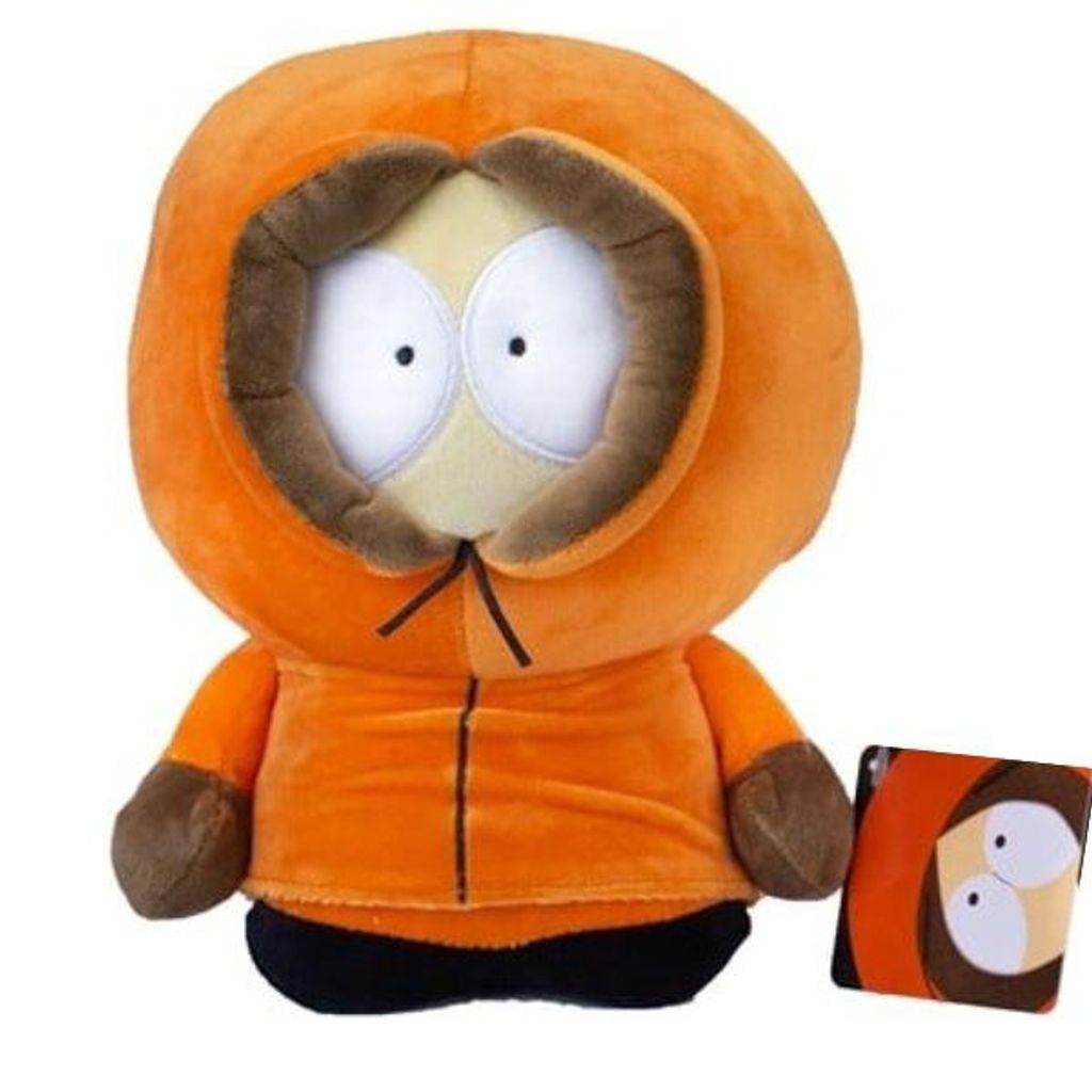 A plush toy of Kenny from South Park is shown against a white background. A small tag with Kenny's face is next to the toy.