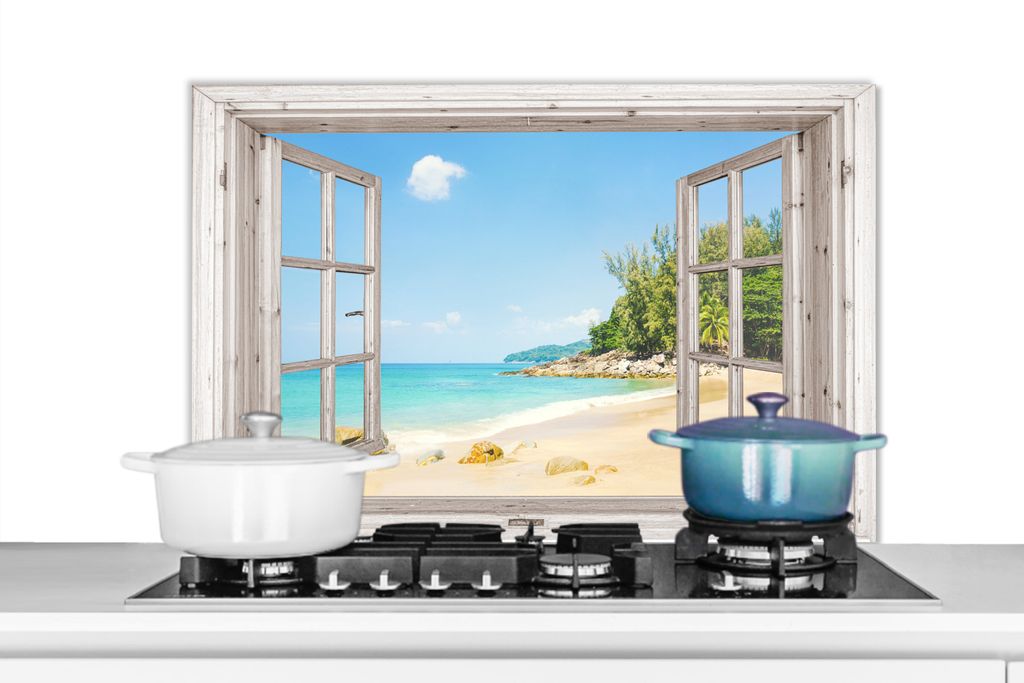 KitchenYeah Spritzschutz Küche - Küchenrückwand - Wandschutz für Herd und Spüle - Aussicht - Strand - Sand 80x55 - Alu-Dibond (Alternative ...
