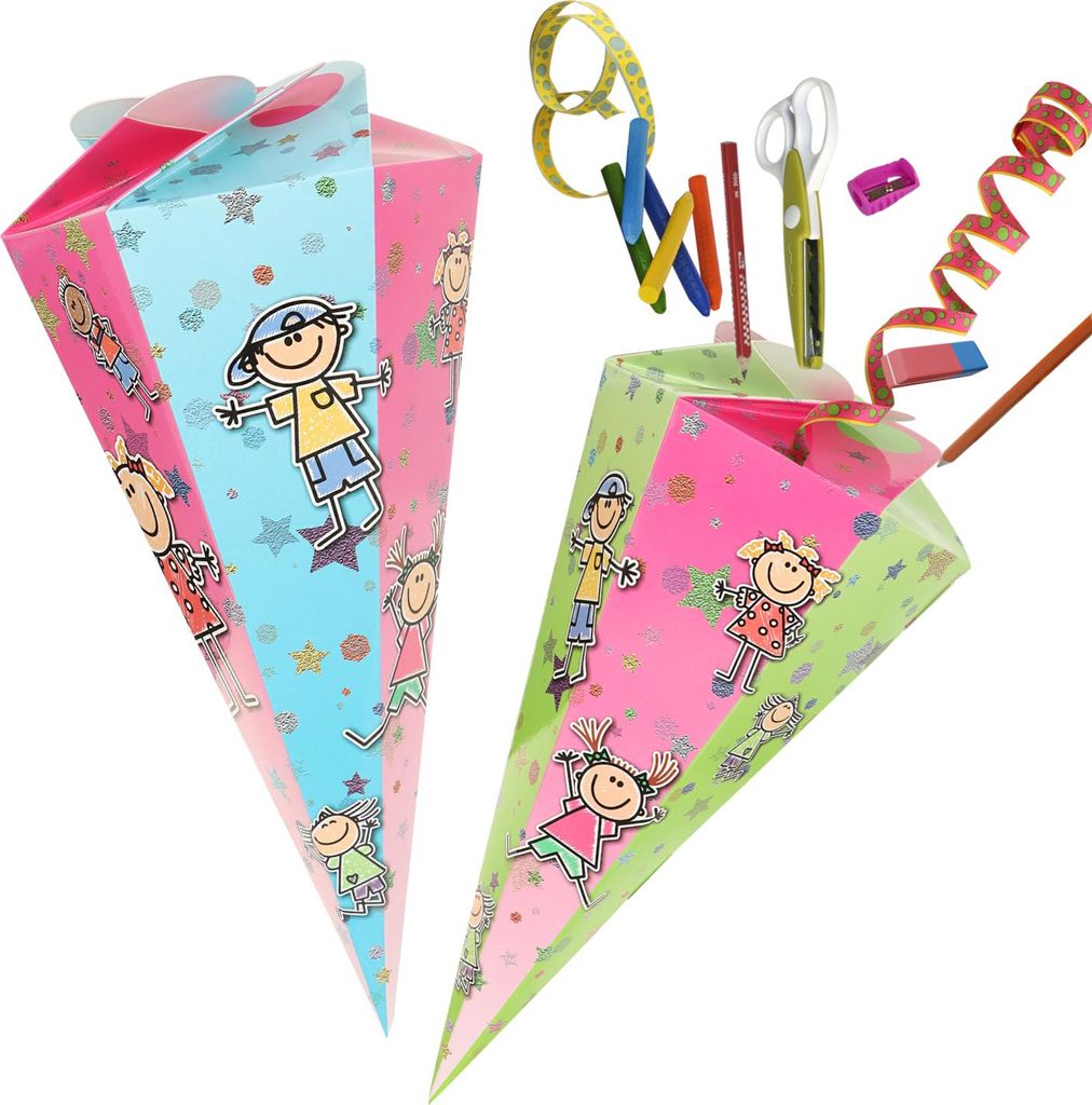 com-four 2x Schultüte 30cm - Geschwisterschultüten aus Pappe - Zuckertüte