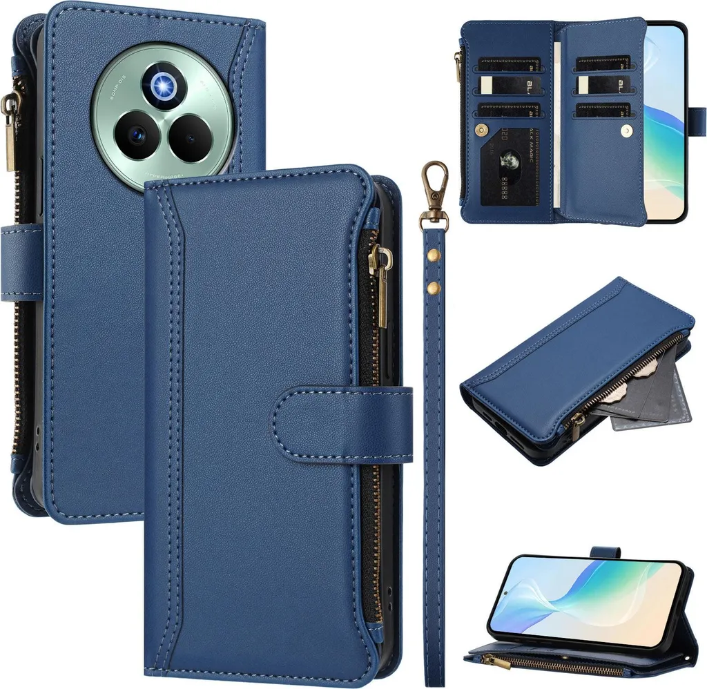 Custodia per Realme P3 Pro, con cerniera, portafoglio in Finto cuoio con tasche per carte, supporto e passante per la mano blu