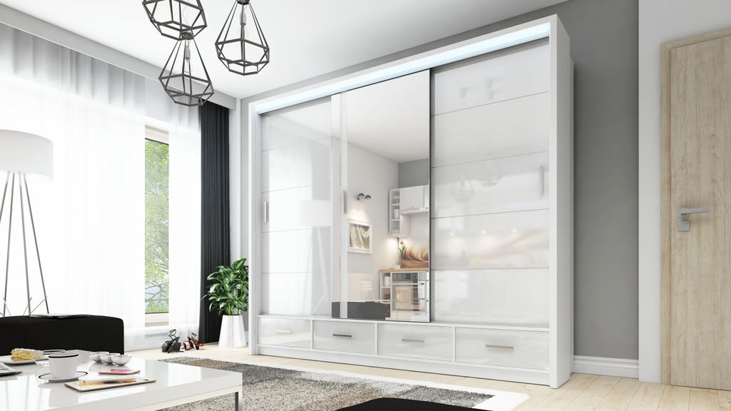 Halbglanz Gross Weiss Schiebeschrank mit Spiegel Kleiderschrank SYCYLIA 250 CM + LED
