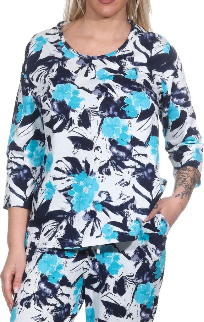 Damen Schlafanzug Shirt langarm Pyjama Oberteil Mix & Match in floraler Optik ; hellblau , 44