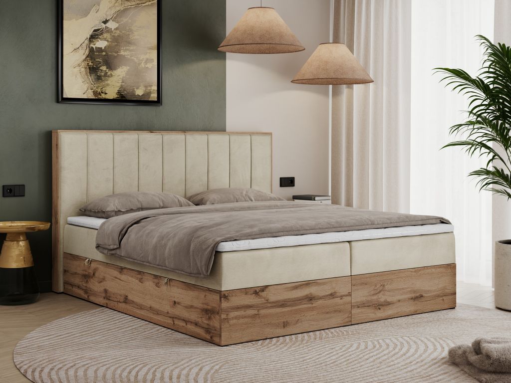 MKS MEBLE Boxspringbett 140x200 mit Bettkasten Eiche, Polsterbett 140x200 mit Matratze H3, Bett 140x200 mit Kopfteil, Bett mit Holzrahmen in Wotan ...