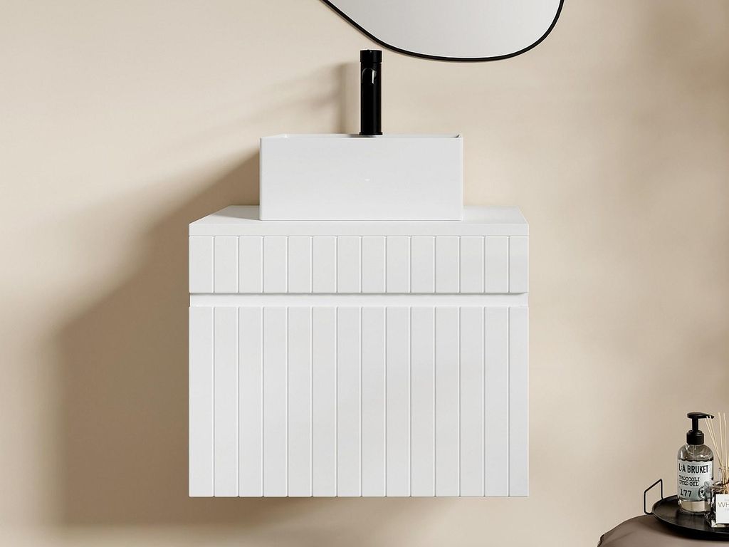 Weißer geriffelter Wandbadezimmerschrank mit quadratischem Aufsatzwaschtisch - 60 cm - SATARA