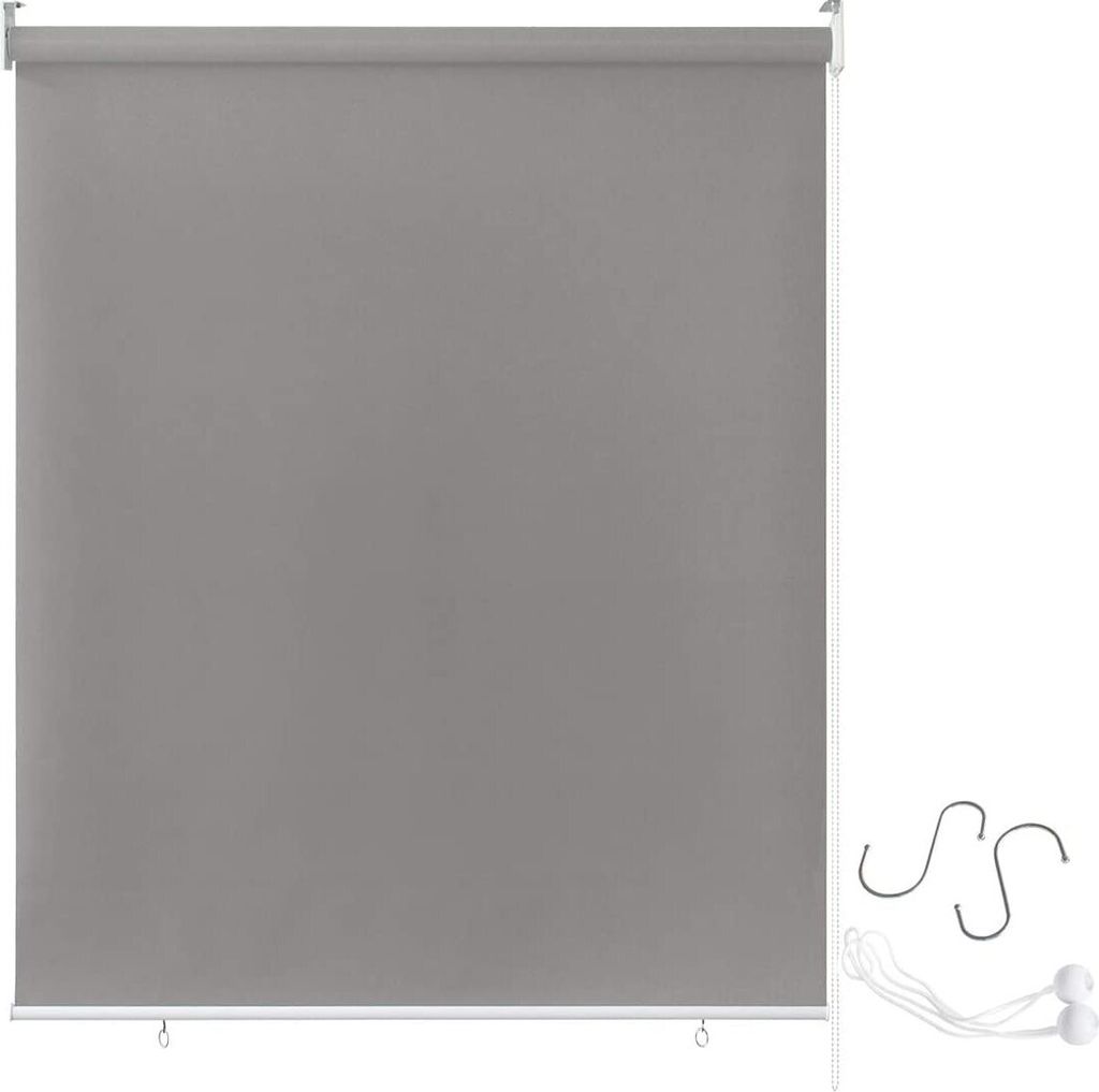 A gray roller blind is shown against a white background, with some accessories on the right side.
