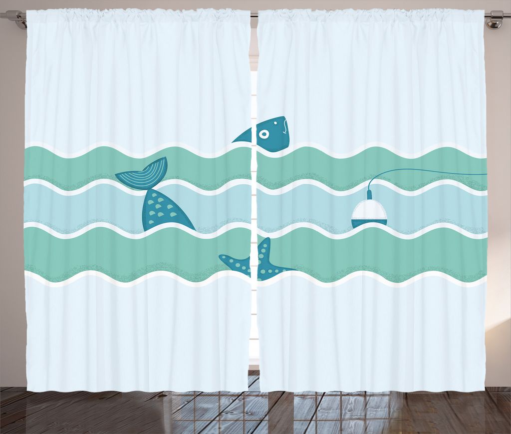 ABAKUHAUS Teal Rustikaler Vorhang, Waves Ozean-Fischen-Kunst, Wohnzimmer Universalband Gardinen mit Schlaufen und Haken, 280 x 175 cm, Hellblau