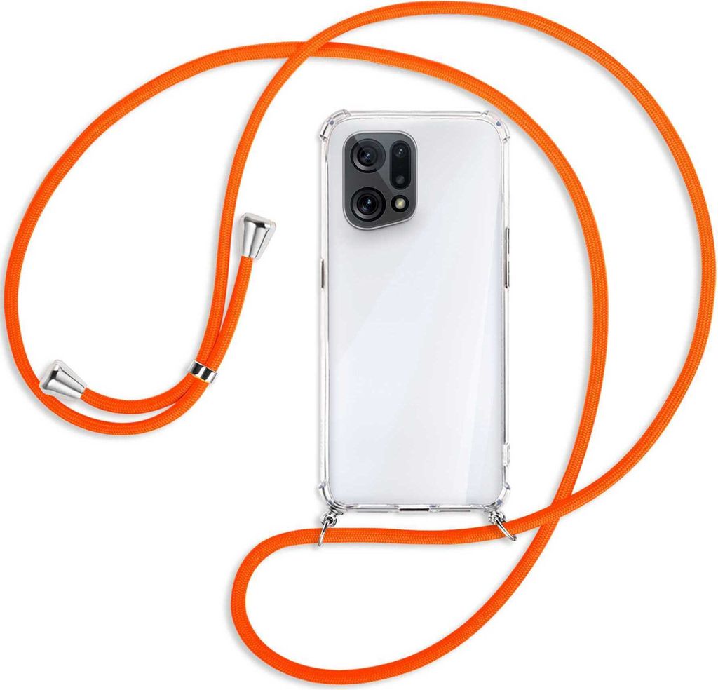 Handykette Backcover-Schutzhülle mit Band (Metall silberfarben) für Oppo Find X5 - neonorange