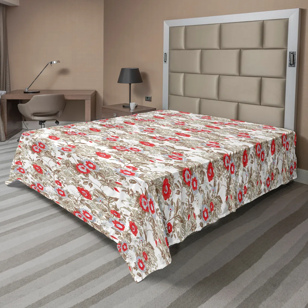 Drap Plat ABAKUHAUS 260x228 cm Motif Bouclé à Fleurs Romantiques Rose Sépia