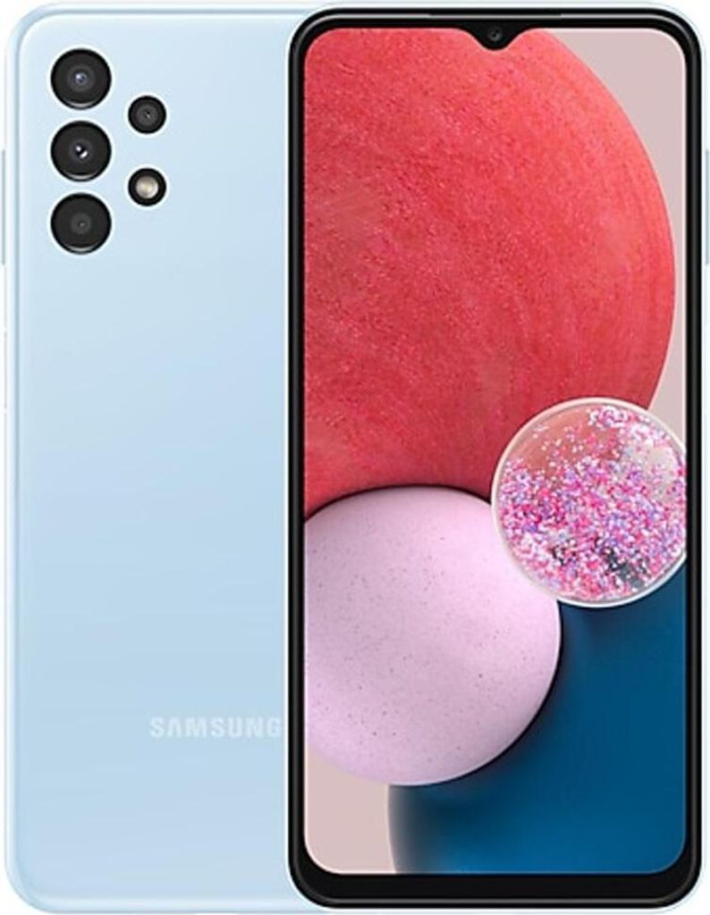 A light blue Samsung Galaxy A13 smartphone is shown from the back and front.