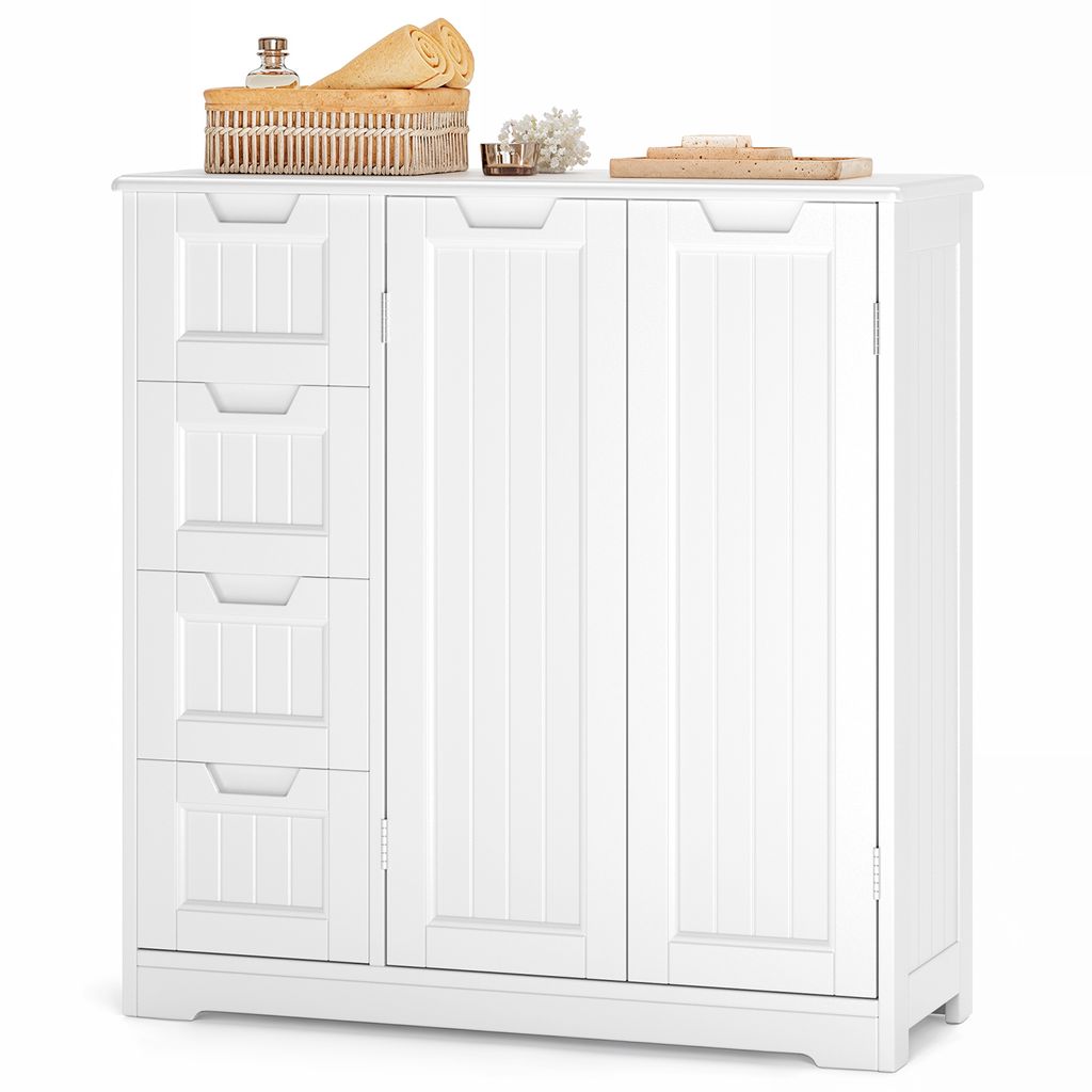 A white bathroom cabinet with drawers and doors, displayed against a white background.