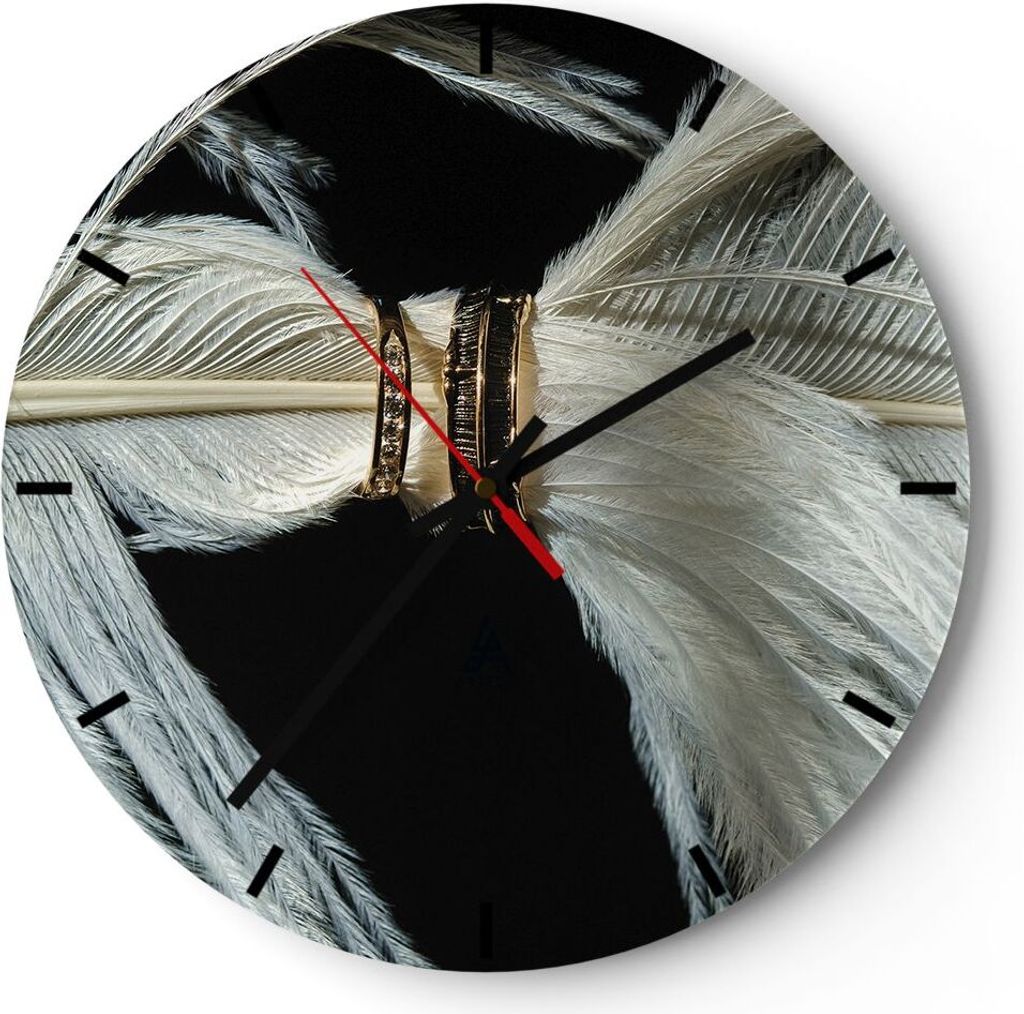 Wanduhr - Rund - Glasuhr - Feder Romantik Ehe - 40x40cm - Produktbild 