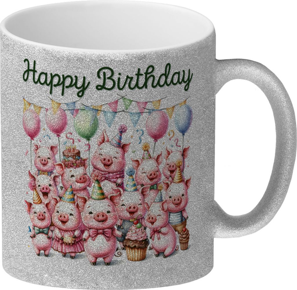Schweine Party Glitzer-Kaffeebecher mit Spruch Happy Produktbild 