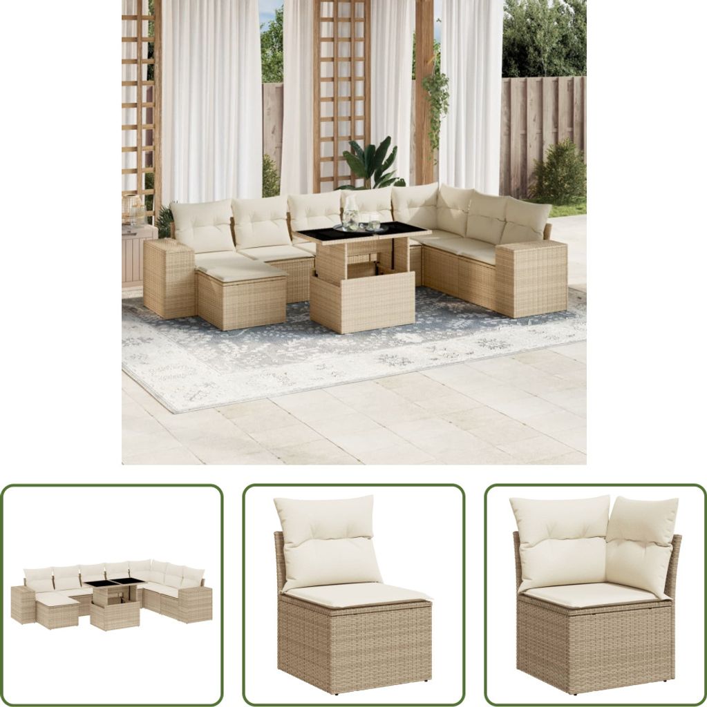 The Living Store 9-tlg. Garten-Sofagarnitur mit Kissen Beige Poly Rattan