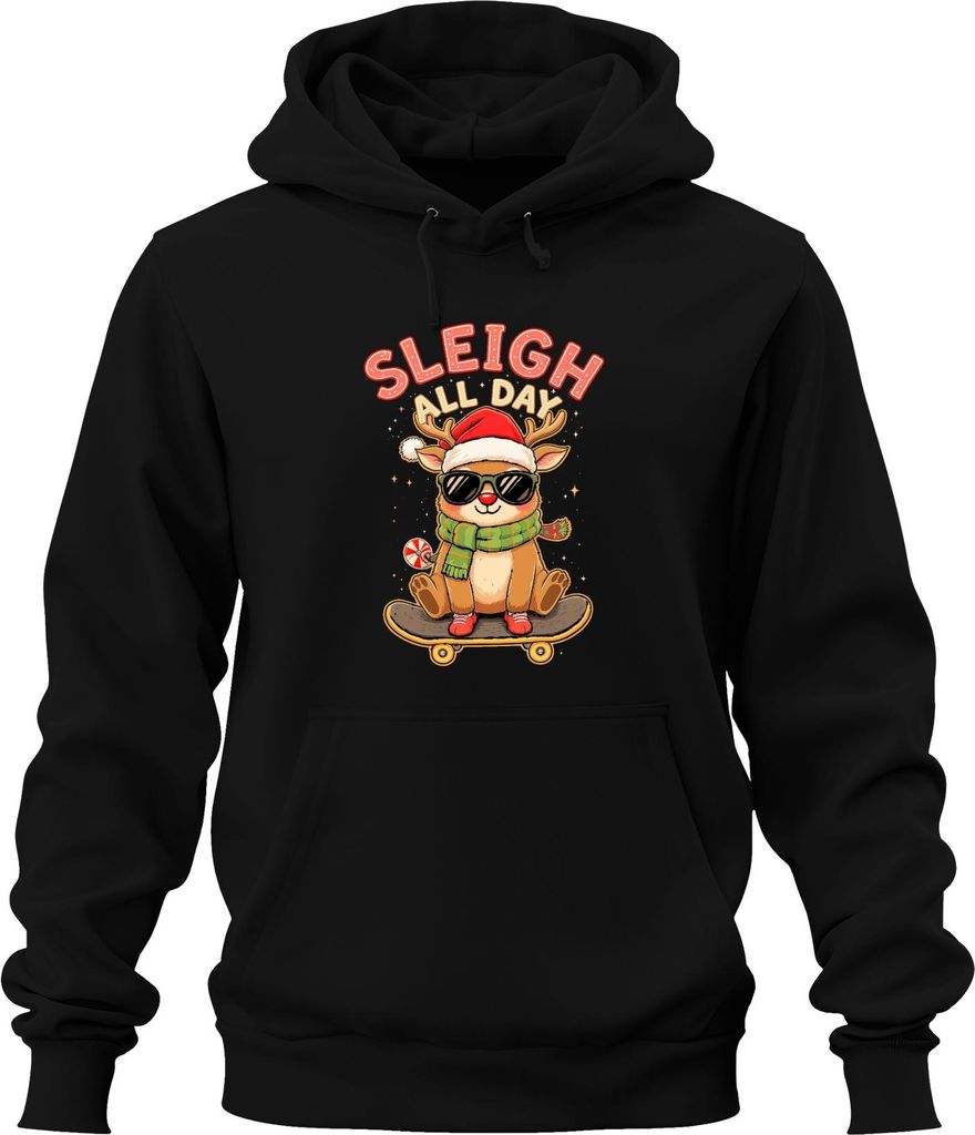 Sleigh All Day Rentier mit Sonnenbrille Skateboard Weihnachten Uni Hoodie Kapuzenpullover, Schwarz, XL