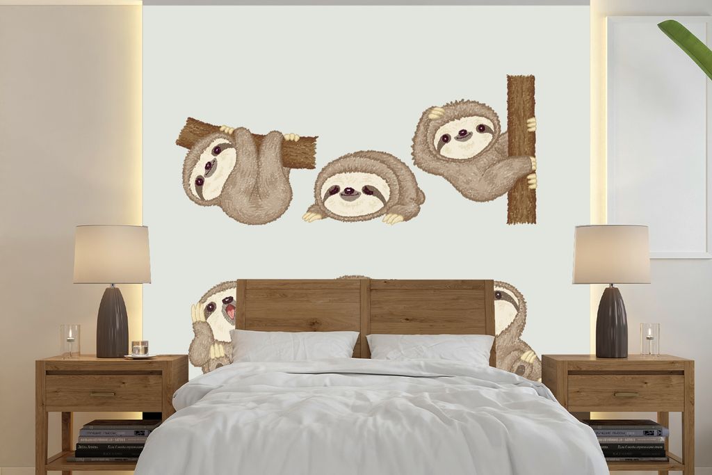 MuchoWow Fototapete für Wohnzimmer oder Schlafzimmer Wandtapete Vinyl Motivtapete Kindheitsillustration eines Faultiers in verschiedenen Posen -...