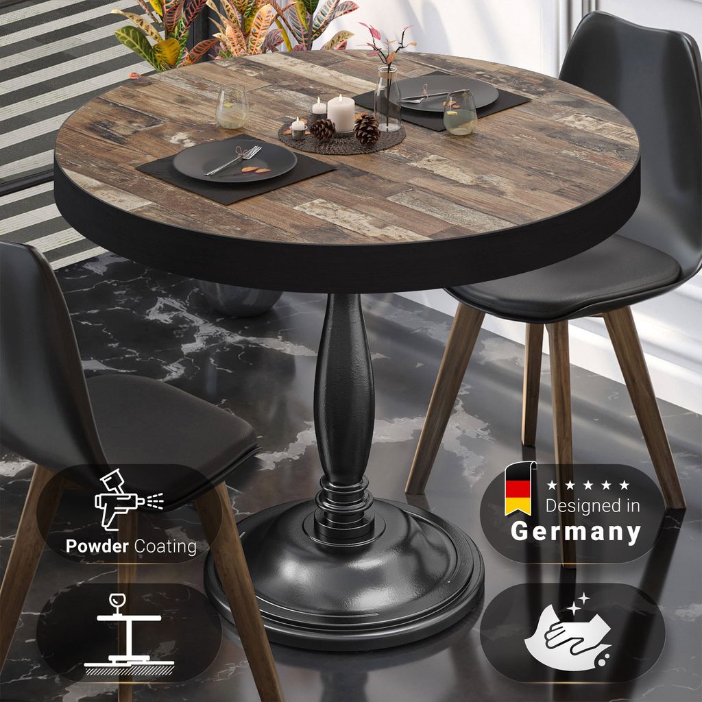 BD | Bistro Tisch | Ø 60 x 78 cm | Rund | Schwarzer Rand | Vintage Old / Schwarz | Bistrotisch Gastro Tisch