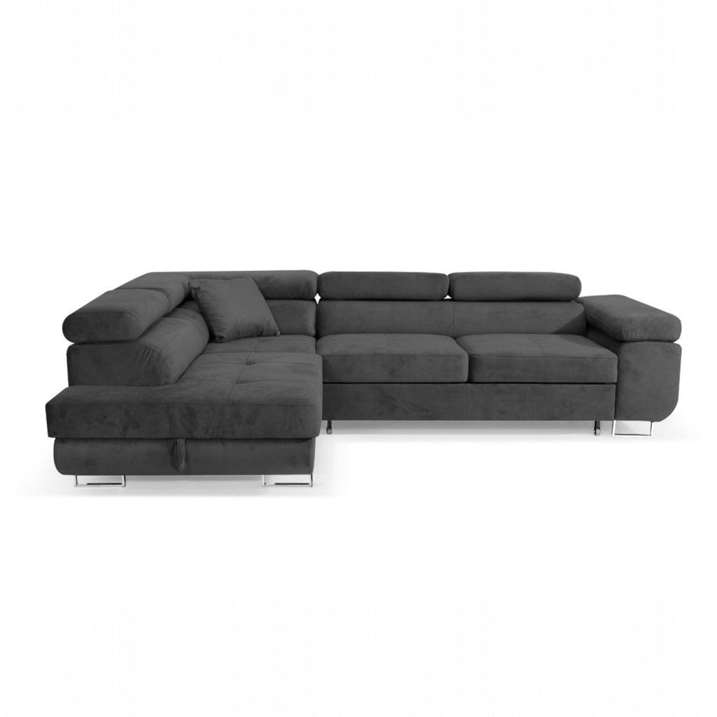 A dark gray sectional sofa is shown against a white background.