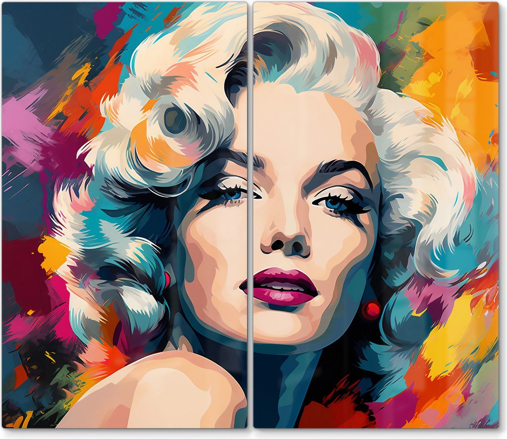 DEQORI Herdabdeckplatte Glas 2-tlg 'Diva im Farbenrausch' Abdeckplatte Küche Glaskeramikkochfeld Herd