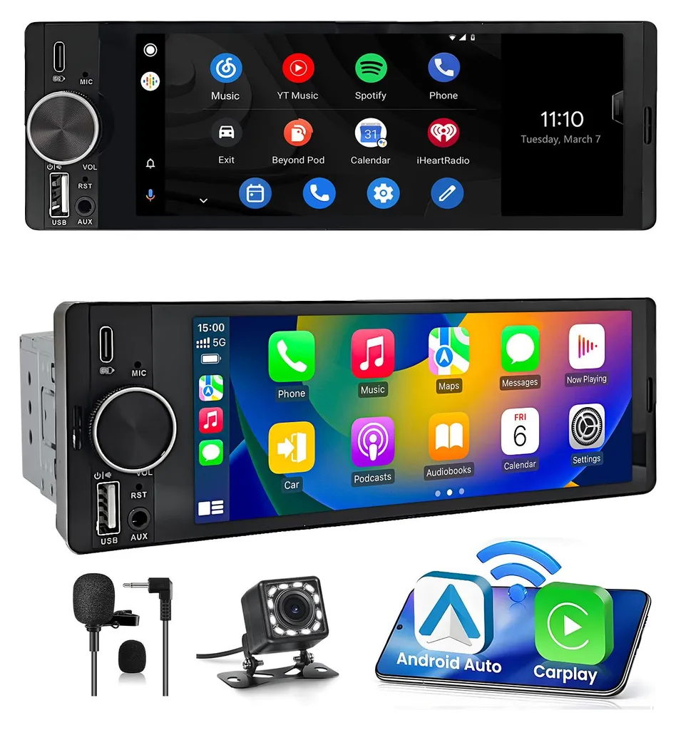 Poste Radio Android 1Din avec Écran Tactile Carplay et Caméra de Recul