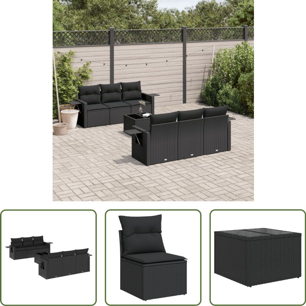 The Living Store 7-tlg. Garten-Sofagarnitur mit Kissen Schwarz Poly Rattan