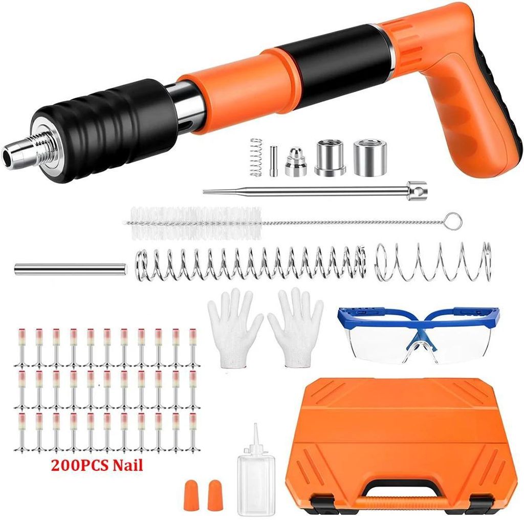 Mini Betonnagler - Manuell - 5-stufige Leistung - Für Wand und Decke, Kabelklemmen/Kabelkanal - Inkl. 200 Nägel - Orange