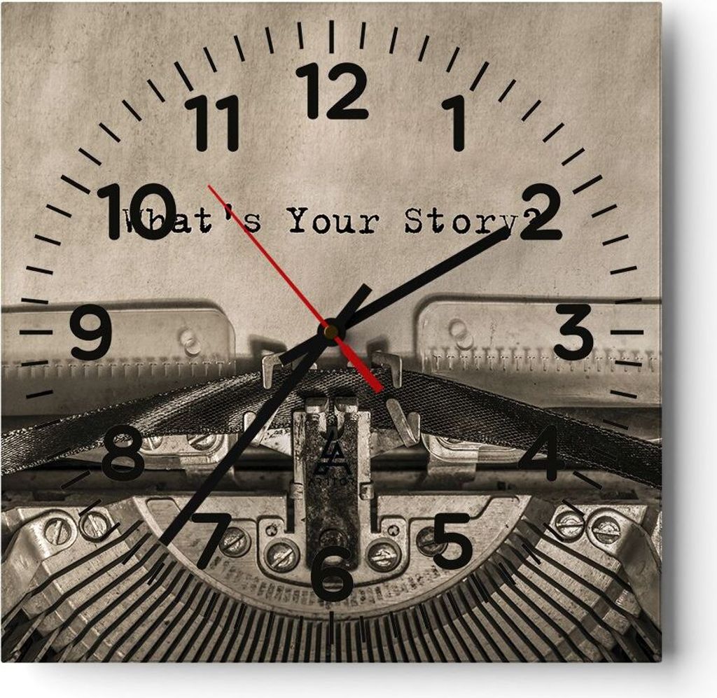 Wanduhr - Quadrat - Glasuhr - Maschine Schreiben Text - 40x40cm - Schleichendes Uhrwerk - Lautlos - zum Aufhängen bereit - Dekoration Modern - Wan...