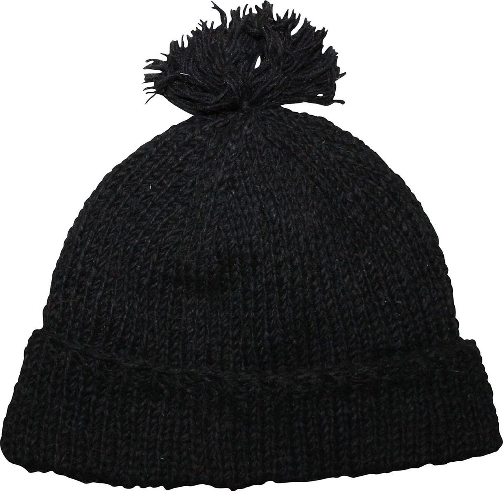 Wollmütze mit Bommel - schwarz - warme Strickmütze - Bommelmütze