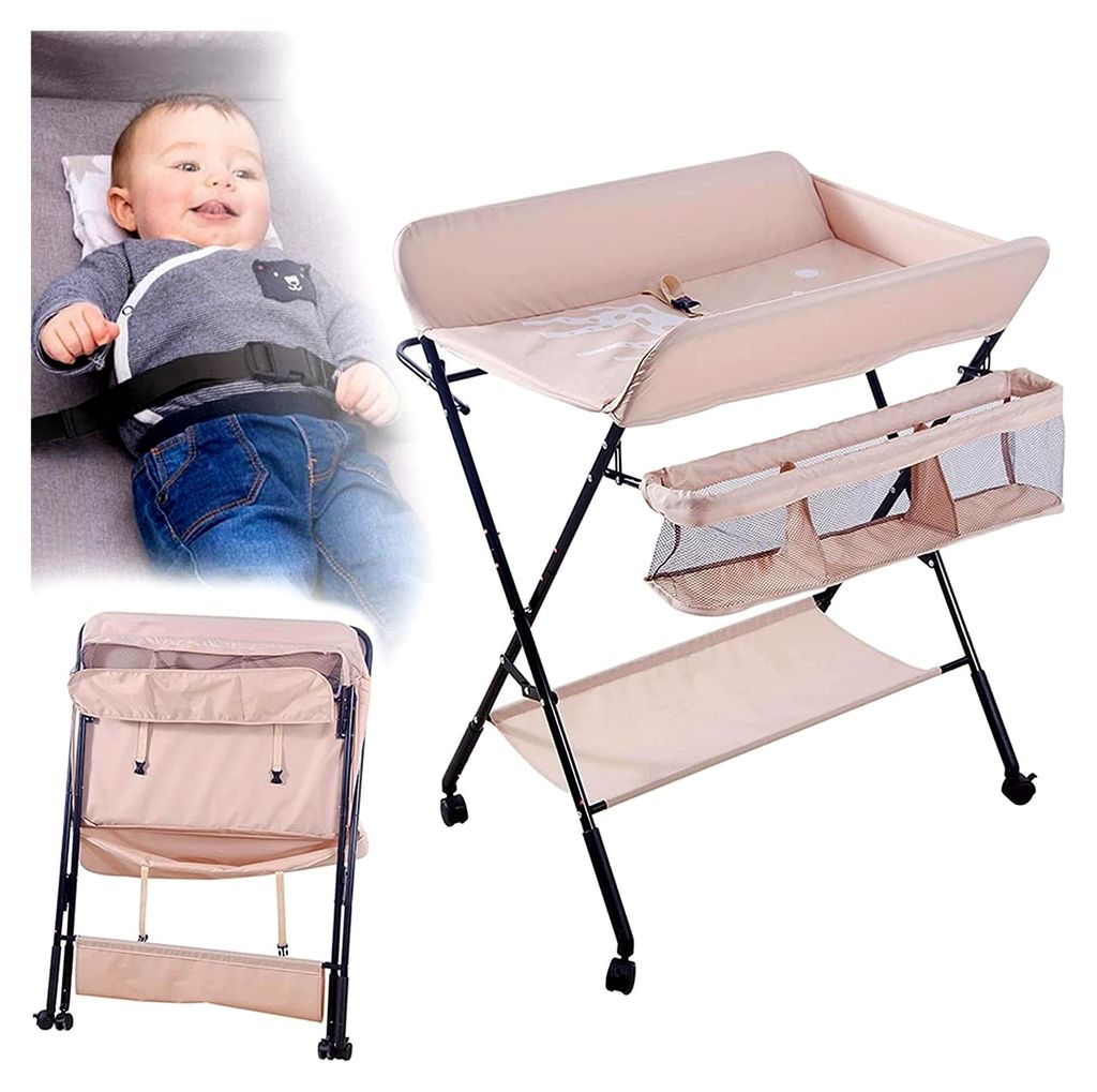 Wickeltisch und Badewanne 2-in-1 für Babys von Geburt bis 12 Monate (bis 25 kg), Faltbar, Tragbar, Mit 4 Rollen (Rosa)