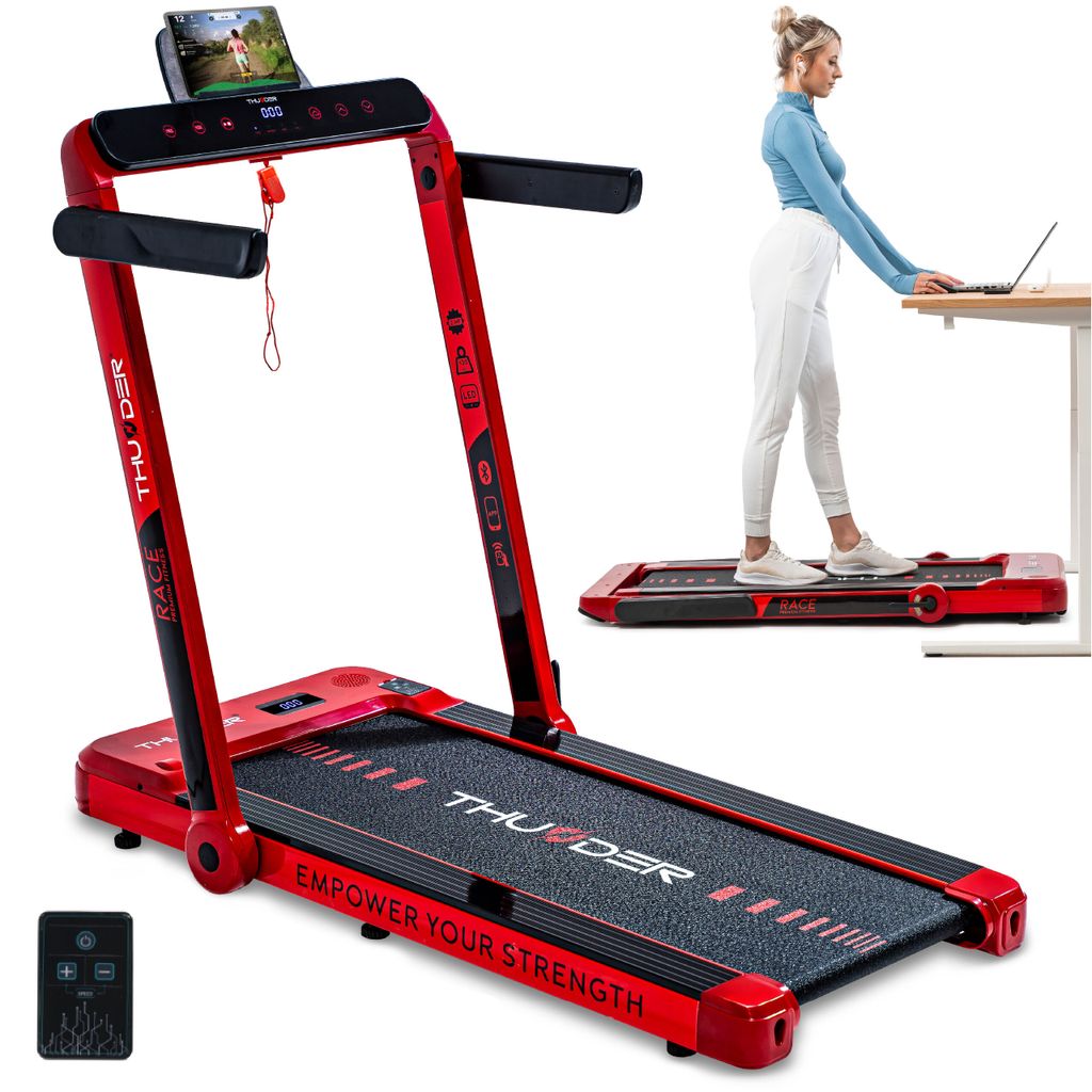 THUNDER RACE-RED Laufband 14 km/h klappbar Walking Pad 2 PS bis 130 kg LED Bluetooth App Heimtrainer