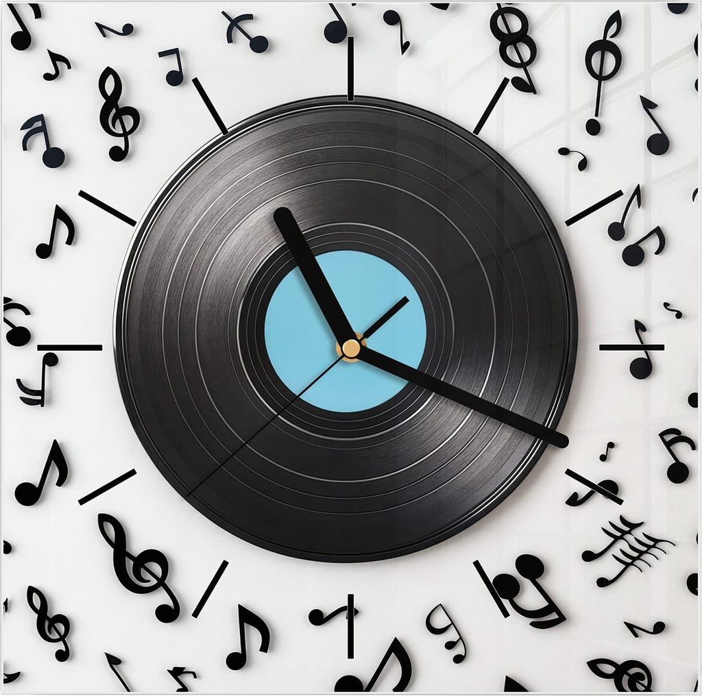 Wanduhr aus Glas mit Motiv Schallplatte Musik- 30 x 30 cm - inkl. Aufhängesystem