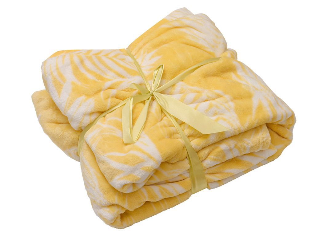 A folded yellow blanket with a white pattern, tied with a yellow ribbon.